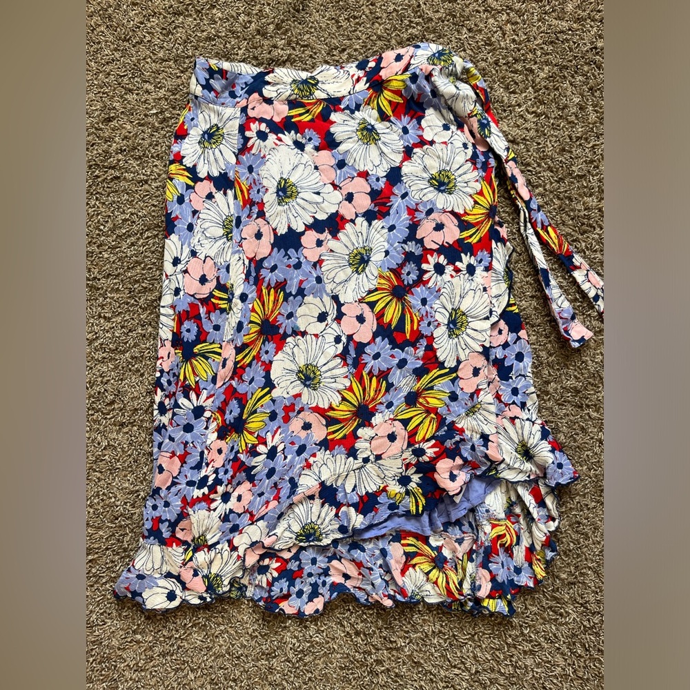 Maeve Anthropologie Sybil Wrap‎ Midi Skirt M Floral Ruffle Hem Lined Cottagecore - Picture 3 of 6